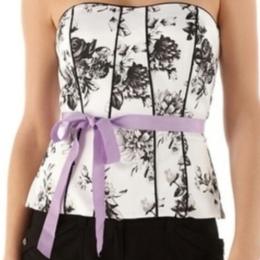 Floral Strapless Top with Purple Ribbon